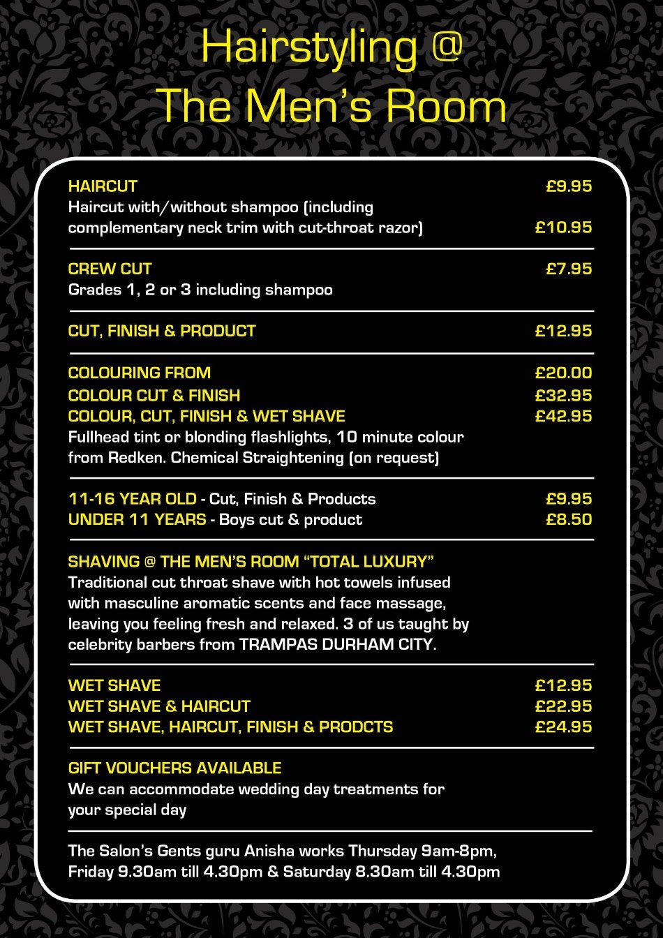 men's prices at the salon, langley park | durham hair salon